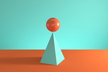 Wall Mural - Orange sphere on the top of blue pyramid isolated on blue and orange background. Minimal concept idea. 3D Render.