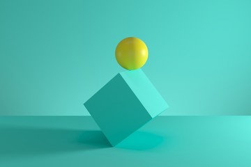 Wall Mural - Yellow sphere on the edge of blue cube isolated on green background. Minimal concept idea. 3D Render.