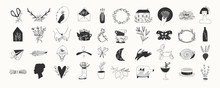 Various Simple, Elegant And Bohemian Icons. Hand Drawn Big Vector Set. Detecoration For Brand Or Shop Logos, Wedding Albums, Web Pages, Restaurant Menus. Design Elements. Everything Is Isolated