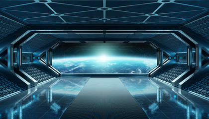 Dark blue spaceship futuristic interior with window view on planet Earth 3d rendering