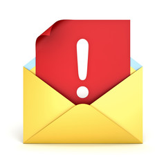Aufkleber - Alert e mail message concept Exclamation mark on red paper in yellow envelope isolated on white background with shadow 3D rendering