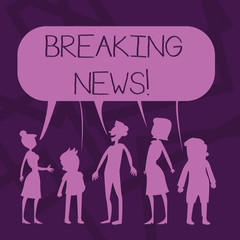 Poster - Text sign showing Breaking News. Business photo showcasing Newly received info about an event and currently occurring Silhouette Figure of People Talking and Sharing One Colorful Speech Bubble