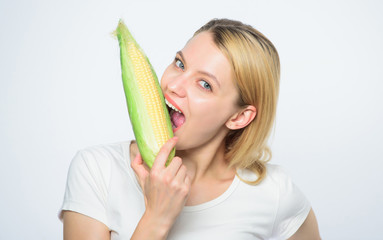 healthy teeth. hunger. agriculture & cultivation. Happy woman eat corn. vegetable harvest. Farming, farmer girl with maize. corn crop. vitamin dieting food. she has healthy teeth. healthy teeth idea