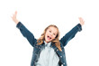 excited curly kid in denim jacket waving hands and laughing isolated on white