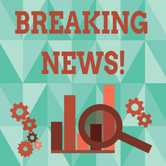 Poster - Word writing text Breaking News. Business photo showcasing Newly received info about an event and currently occurring Magnifying Glass Over Bar Column Chart beside Cog Wheel Gears for Analysis