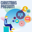 © Zofia - Word writing text Christmas Present. Business photo showcasing presented as a gift given in celebration of Christmas Man Sitting Down with Laptop on his Lap and SEO Driver Icons on Blank Space