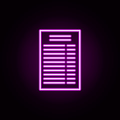 Poster - menu, file neon icon. Elements of food and drink set. Simple icon for websites, web design, mobile app, info graphics