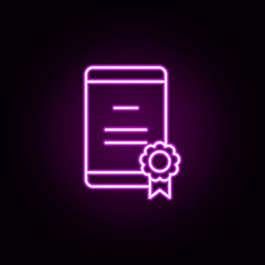 Poster - certificate, dimploma, mobile, online neon icon. Elements of online education set. Simple icon for websites, web design, mobile app, info graphics