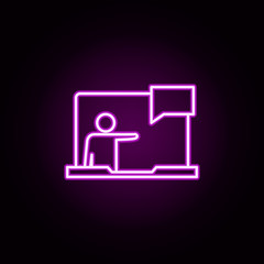 Poster - laptop, lecturer, presentation neon icon. Elements of online education set. Simple icon for websites, web design, mobile app, info graphics