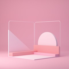 Wall Mural - 3d rendering, minimal scene with pink trendy shapes in abstract geometric background, modern mock up, corner podium, blank template, pink shapes and platform, empty showcase, shop display, pastel pink