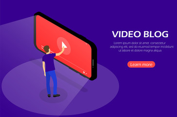 Aufkleber - Video blog. Concept with character and smartphone. Isometric.