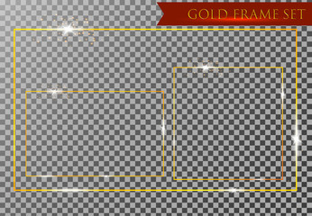 Poster - Gold shiny glowing vintage frame with shadows isolated on transparent background. Golden luxury realistic rectangle border set. Vector