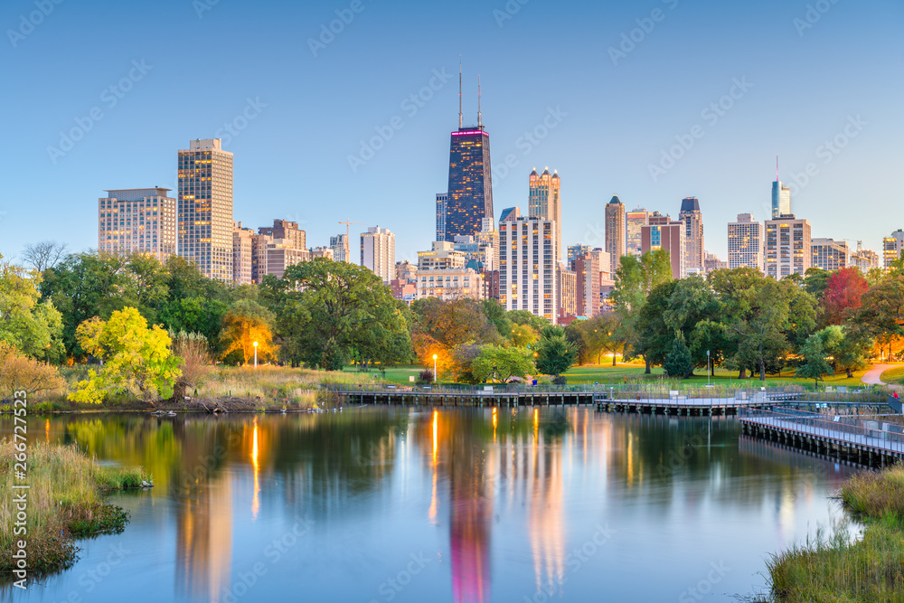 Chicago, Illinois, USA downtown skyline from Lincoln Park - obrazy, fototapety, plakaty 