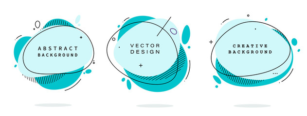 Fototapete - Set of modern abstract vector banners. Flat geometric shapes of different colors with black outline in memphis design style. Template ready for use in web or print design.