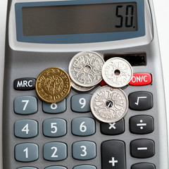 Wall Mural - Mixed Danish Coins on a calculator - accounting concept. The krone is the official currency of Denmark, Greenland, and the Faroe Islands.