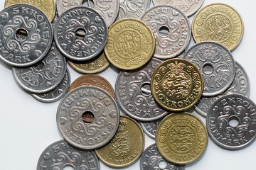 Wall Mural - Selection of mixed Danish Kroner coins from directly above - The Krone is the official currency of Denmark. 