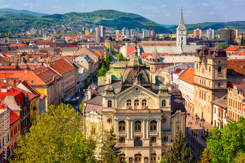 Top view of Main street (Hlavna ulica) of Kosice Old city from St. Elisabeth Cathedral, with State theatre Košice (Statne divadlo) and medieval architecture, Slovakia (Slovensko) - obrazy, fototapety, plakaty 