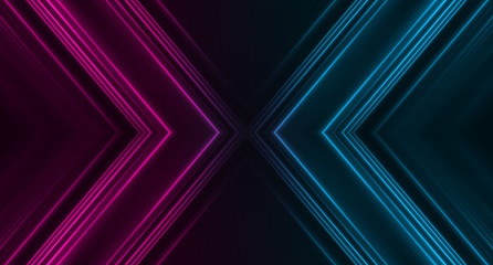 Dark abstract futuristic background. Neon lines, glow. Neon lines, shapes. Pink and blue glow