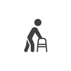 Man with walker vector icon. filled flat sign for mobile concept and web design. Disabled people with walking frame glyph icon. Symbol, logo illustration. Pixel perfect vector graphics