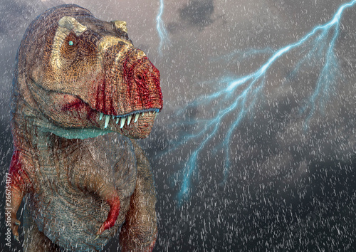Fotomural tyrannosaurus rex in a storm sky background