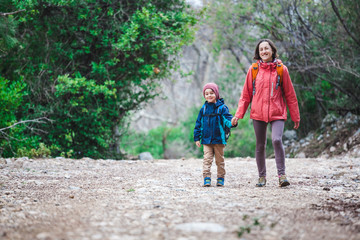 A woman walks with her son through the forest.