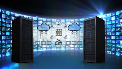 Poster - Server towers and illustration of cloud network