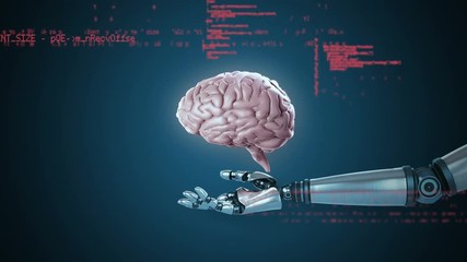 Poster - robot arm holding a hologram brain