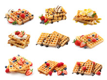 Set Of Delicious Waffles With Different Toppings On White Background