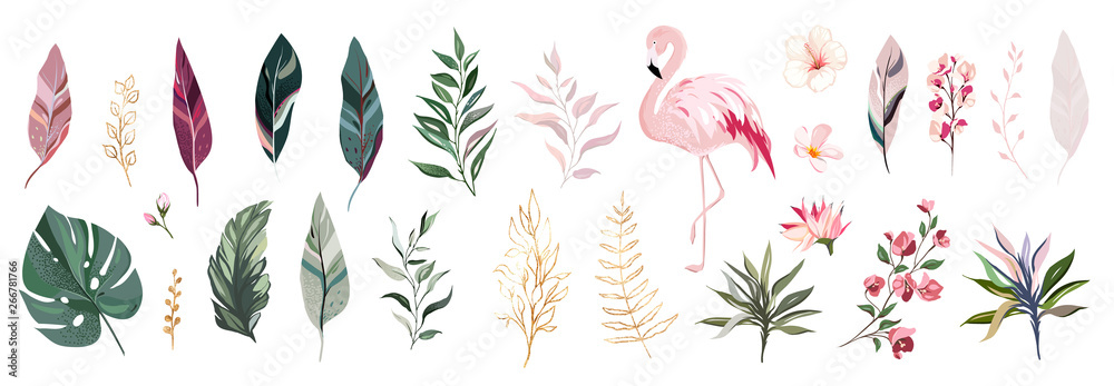 Tropical vector leaf with gold, flowers and flamingo. set  floral illustration. exotic Leaves isolated on white background. collection with flowers for invitation - obrazy, fototapety, plakaty 