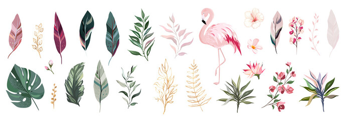 tropical vector leaf with gold, flowers and flamingo. set floral illustration. exotic leaves isolate