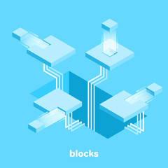 Wall Mural - isometric vector image on a blue background, rectangular blocks flying in different directions, working with data in the network