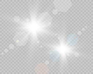 Poster - Special lens flash, light effect. The flash flashes rays and searchlight. illust.White glowing light. Beautiful star Light from the rays. The sun is backlit. Bright beautiful star. Sunlight. Glare. 