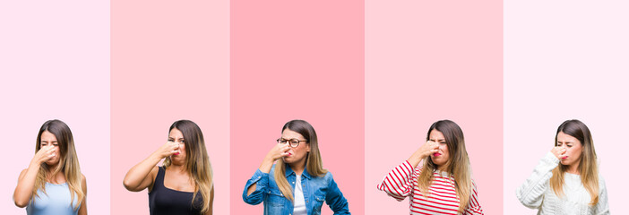 Poster - Collage of young beautiful woman over pink stripes isolated background smelling something stinky and disgusting, intolerable smell, holding breath with fingers on nose. Bad smells concept.