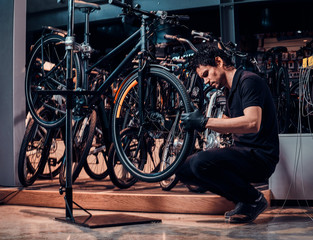 Wall Mural - Expirienced young master is repairing customer's bicycle at workplace.