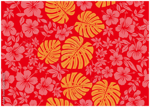 モンステラ柄とハイビスカス柄の背景イラスト 赤 テキスタイル 総柄 シームレス Hibiscus And Monstera Pattern Background Stock Vector Adobe Stock