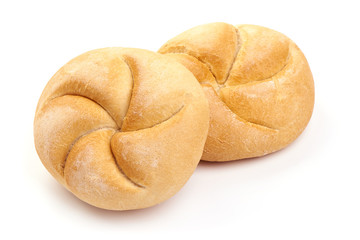 Freshly baked Kaiser rolls, close-up, isolated on white background