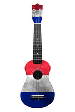 Hawaiian National Guitar, Ukulele, With A Painted France Flag, On A White Isolated Background, As A Symbol Of Folk Art Or A National Song.