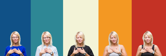 Sticker - Collage of beautiful blonde woman over colorful vintage isolated background smiling with hands on chest with closed eyes and grateful gesture on face. Health concept.