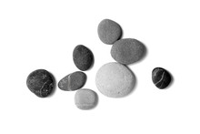 Scattered Sea Pebbles. Smooth Gray And Black Stones Isolated On White Background. Top View