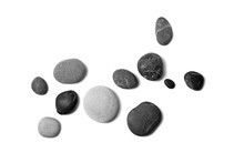 Scattered Sea Pebbles. Smooth Gray And Black Stones Isolated On White Background. Top View