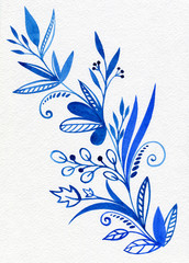 Blue retro exotic branch with leaves. Ornate delicate watercolor flowers for wedding invitations, greeting cards, blogs, posters and more