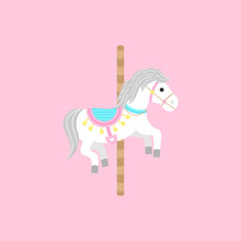 Merry Go Round, Carousel White Horse On Pole, Vector Graphic Illustration Icon. Isolated On Light Pink Background.