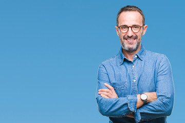 Middle age hoary senior man wearing glasses over isolated background happy face smiling with crossed arms looking at the camera. Positive person.