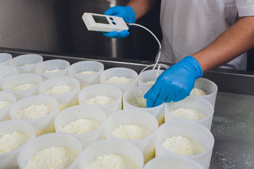 Close-up of a man forming cheese into the plastic molds at the small producing farm. acidity check ph marker.