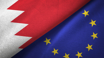 Bahrain and European Union two flags textile cloth, fabric texture