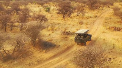 aerial of a safari jeep traveling on the plains of africa, at erindi game preserve, namibia with nat