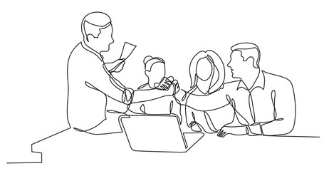 team members shaking hands cheering to success in work - single line drawing