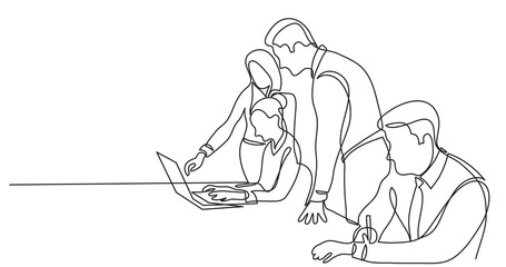 Poster - team members working on work project in office space - single line drawing