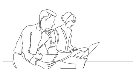 Poster - two coworkers working on documents with laptop computer - single line drawing