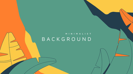 Minimalist abstract background, banana leaves and graphic shapes in green and yellow tones